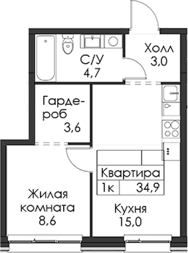 1-комнатная квартира 34.9 м², 3/12 эт., ЖК «Шкиперский 19»